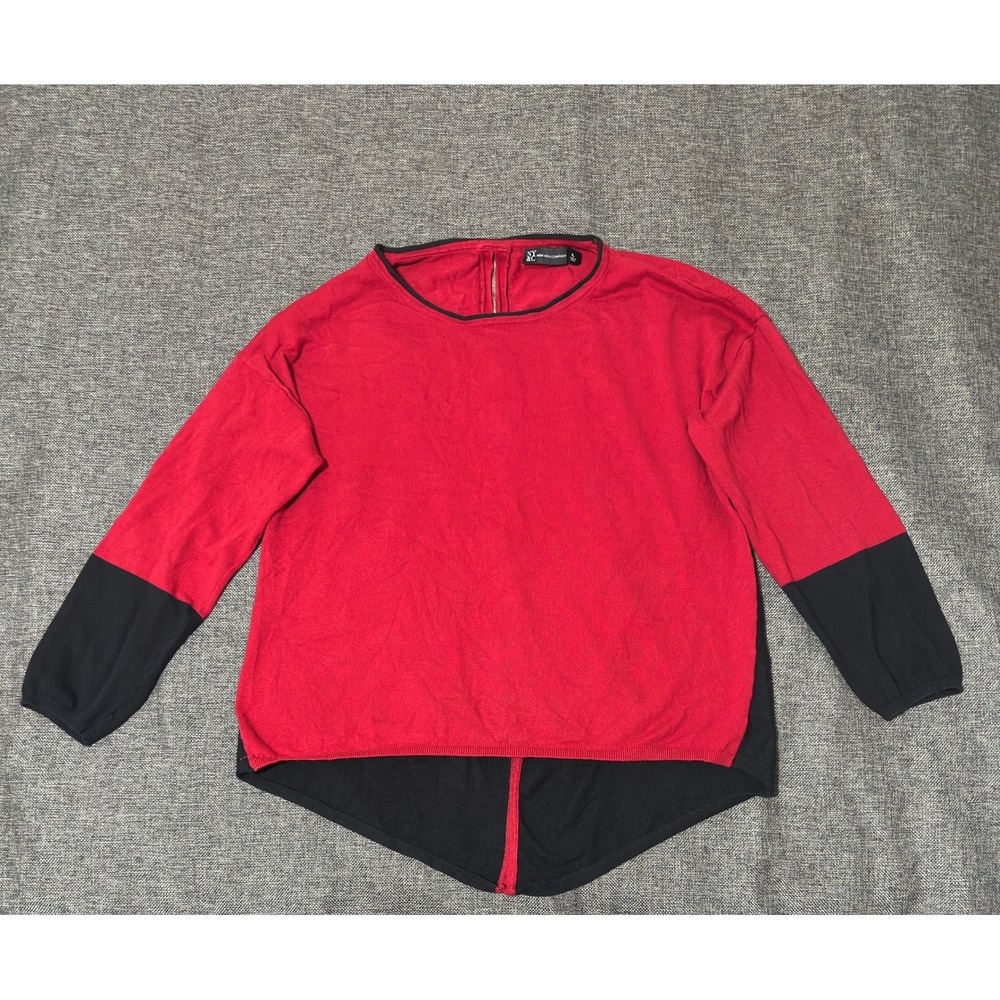 New York & Company Womens XL Sweater Red Black Colorblock Back Zip Knit